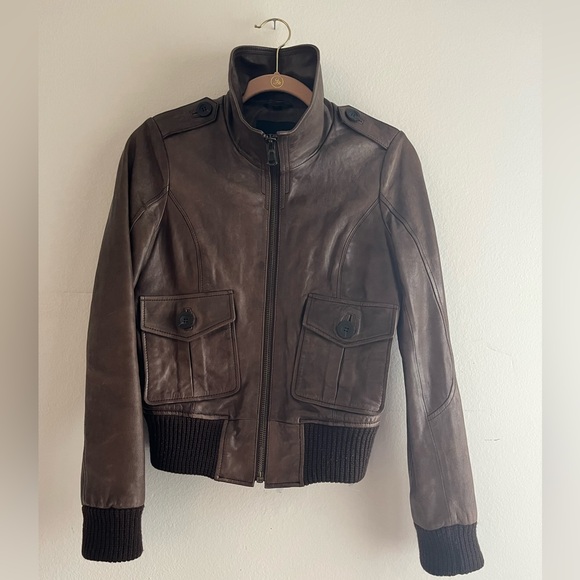 100% genuine brown leather bomber aviator jacket removable shearling collar - Picture 3 of 14